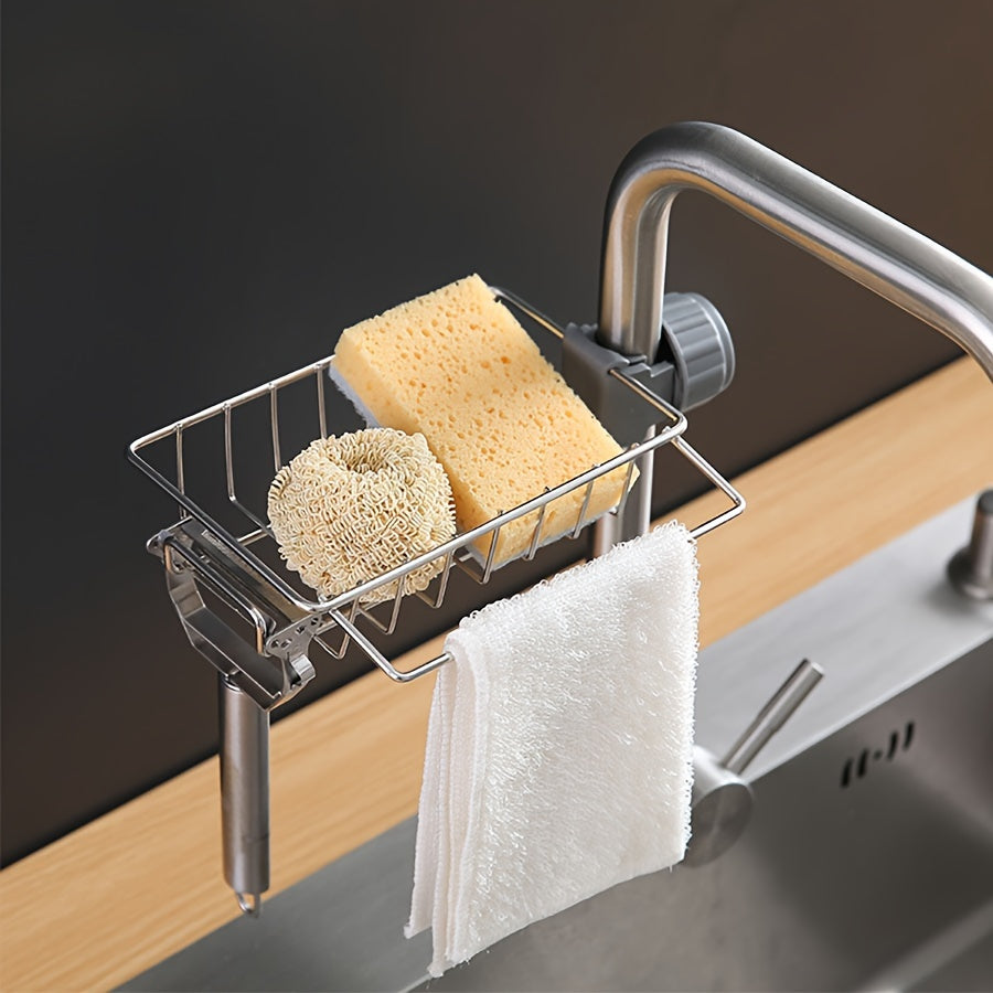 Adjustable Stainless Steel Sink Caddy Organizer with Drainage and Accessories