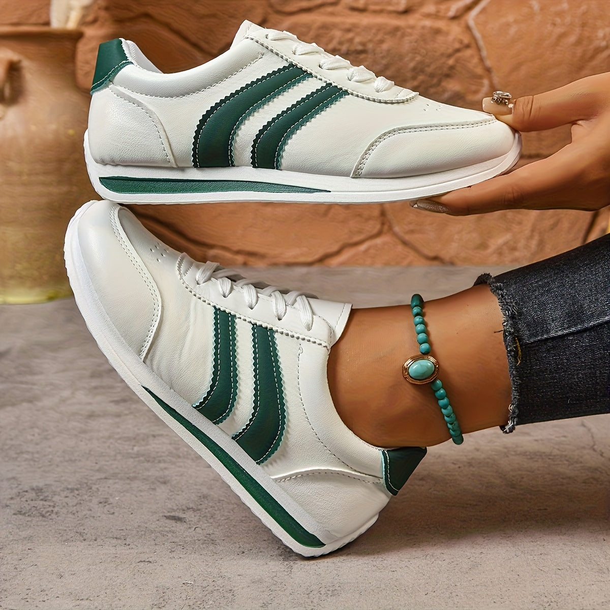 Women's White Synthetic Low-Top Lace-Up Sneakers with Green Navy Stripes