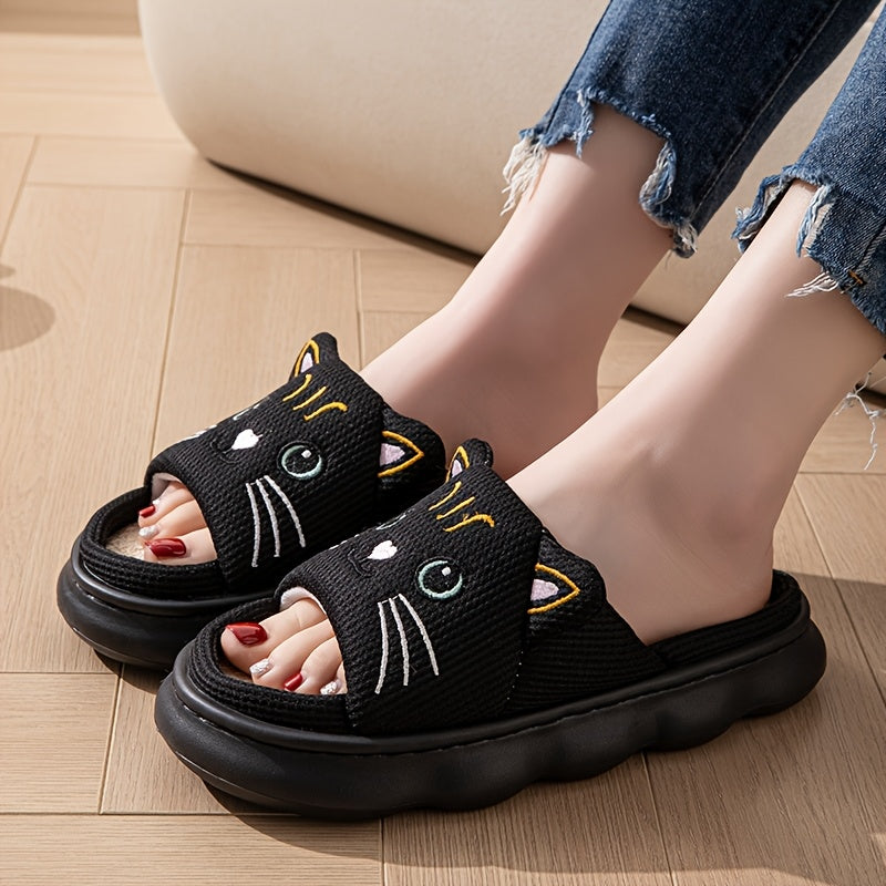 Women’s Slip-On Slippers with Cat Face Design, Soft Fabric, Indoor Shoes