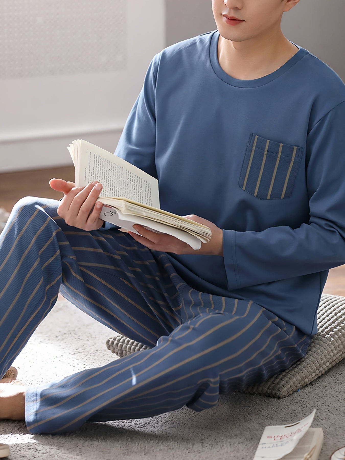 Men's Navy Blue Striped Pajama Set with Pockets Polyester Sleepwear