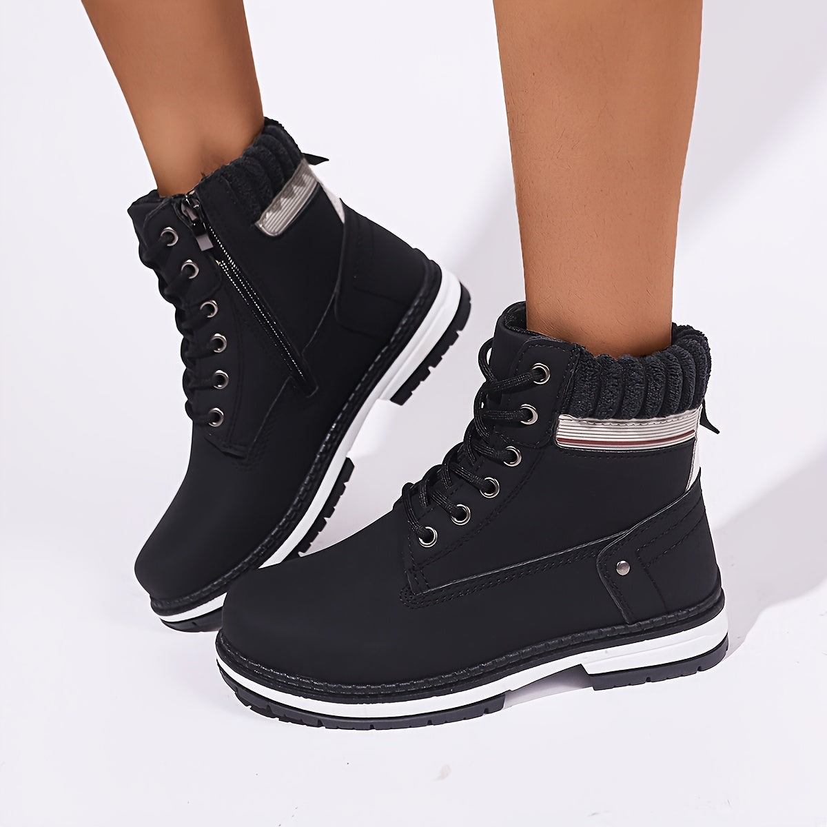 Women's Mid-Calf Ankle Boots Solid Color Flat Heel Zipper Casual Shoes