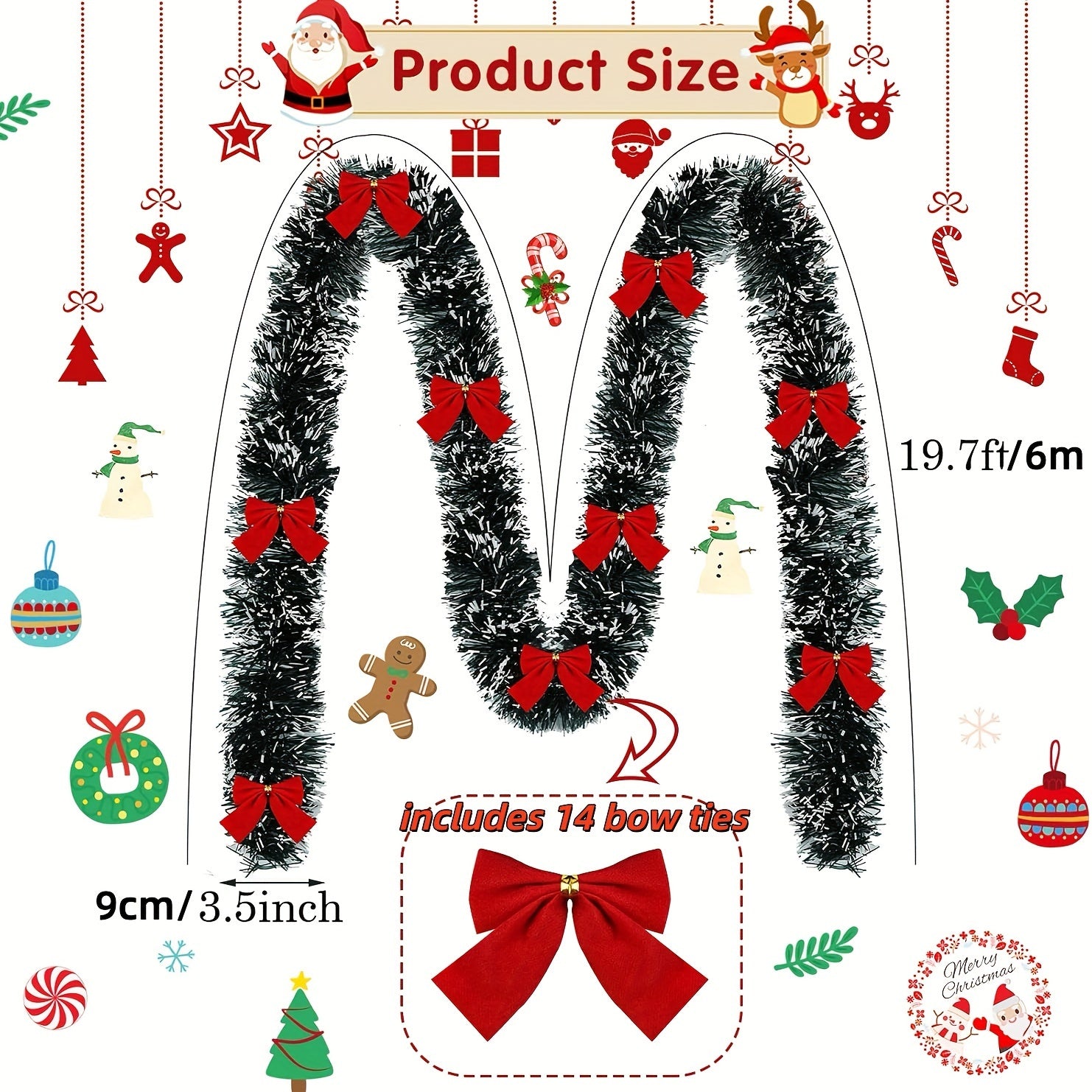 6 Meter Christmas Tinsel Garland with Bows Indoor Outdoor Decoration Plastic