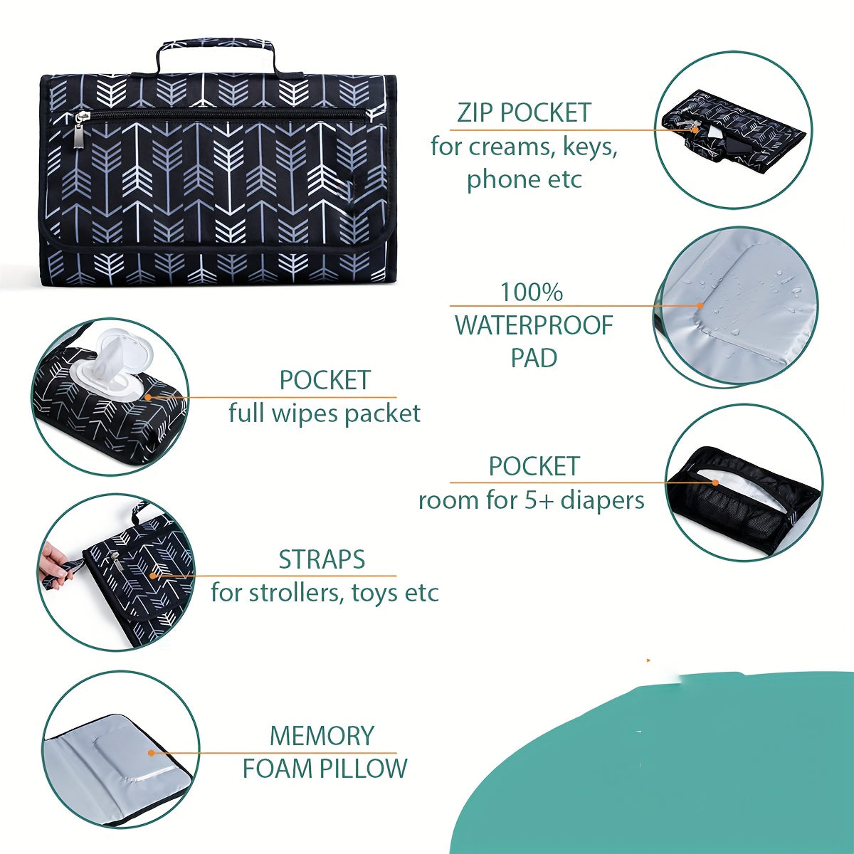 Portable Diaper Changing Pad with Grey Arrows Design for Babies