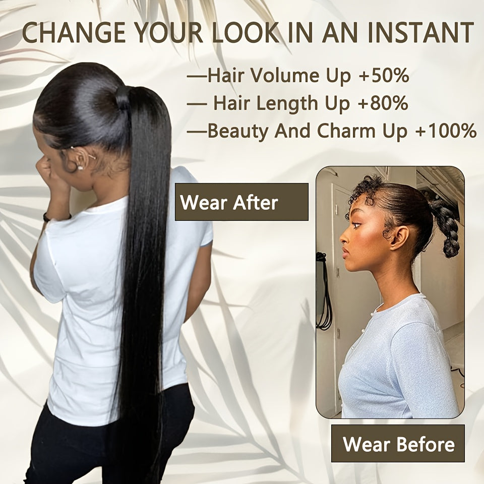 Women Black Synthetic Straight Ponytail Hair Extension 81.28cm Drawstring Style