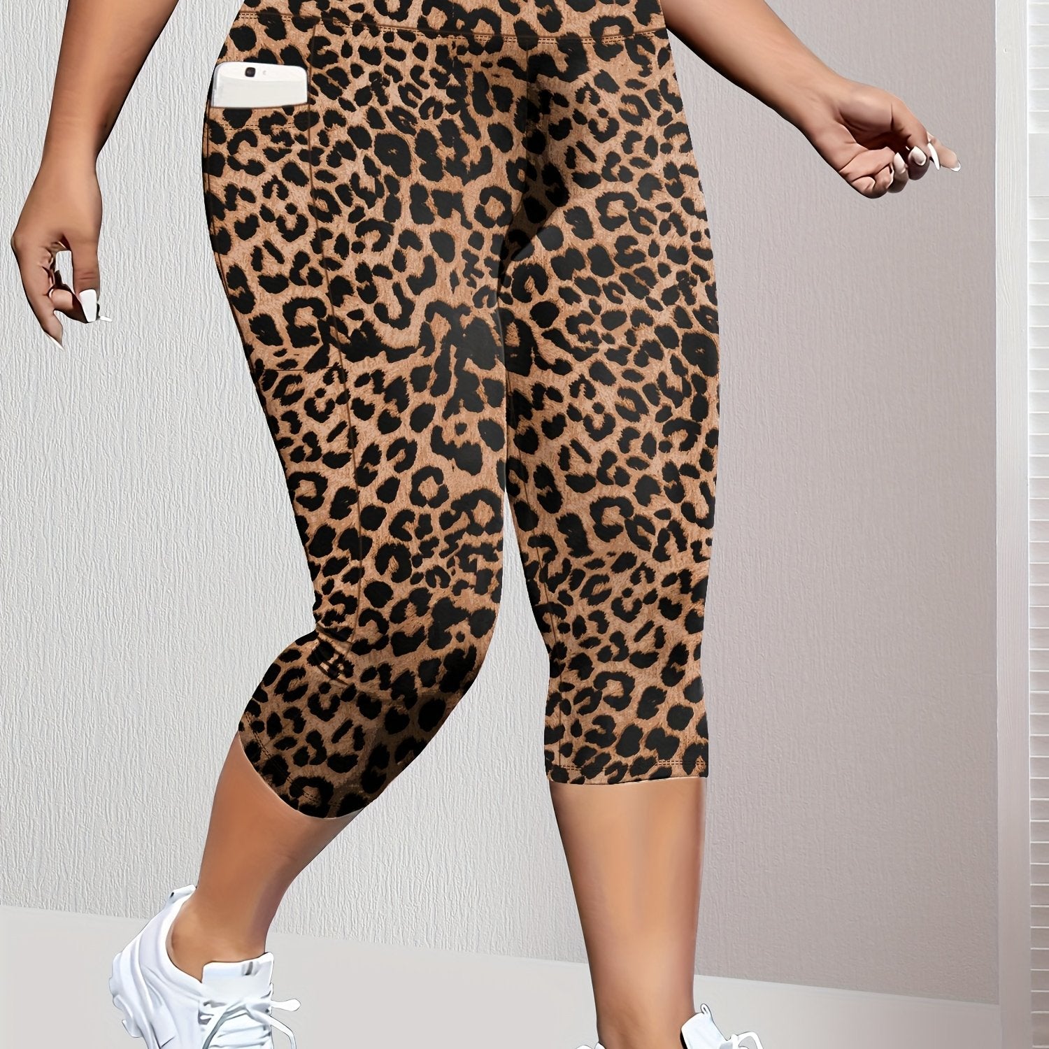 Plus Size High-Waisted Leopard Print Capri Pants Stretchy Casual Skinny Jeans