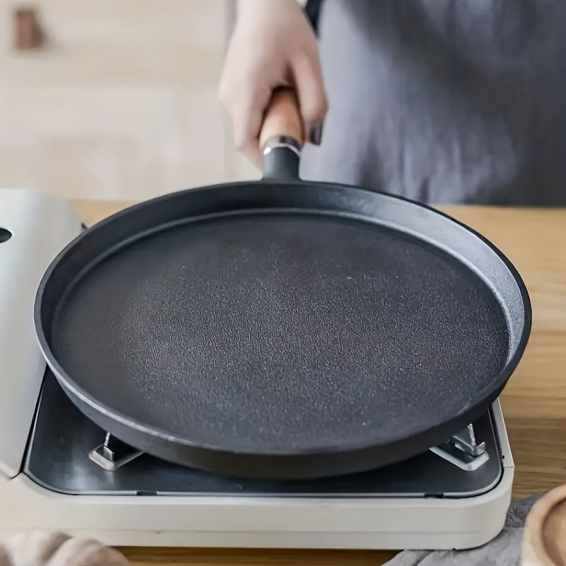 Cast Iron Non-Stick Frying Pan with Wooden Handle and Omelette Roll Maker