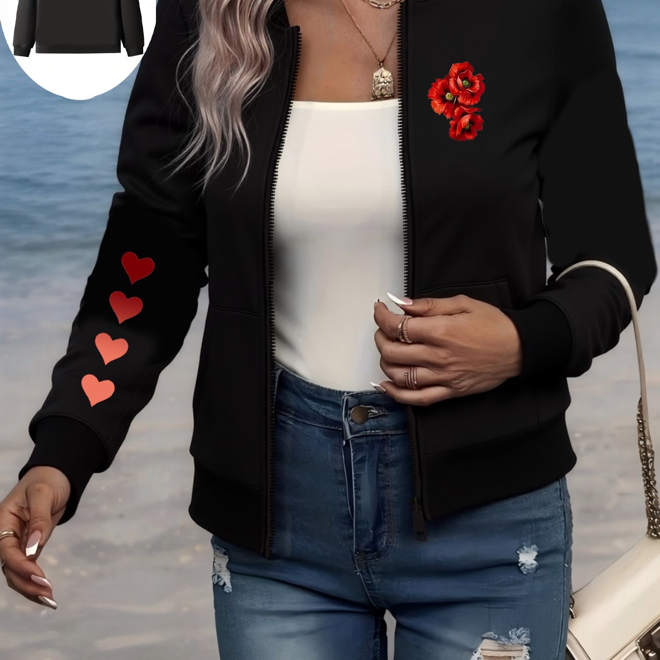 Women's Plus Size Black Heart Print Bomber Jacket Long Sleeve Zip-Up Casual Outerwear