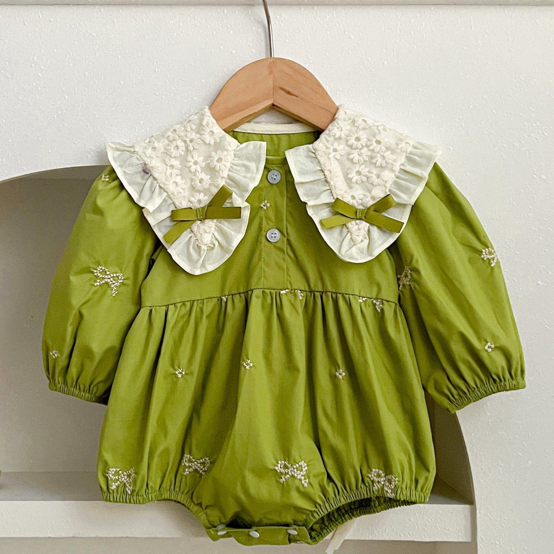 Baby Girl Floral Embroidered Cotton Long-Sleeve Romper for Spring Fall Outdoor Wear