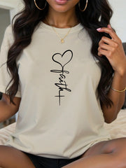 Women's Beige Casual Sports Tee with Love Plus Graphic Short Sleeve