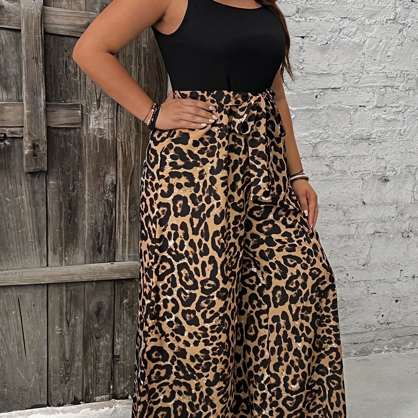Plus Size Women's Leopard Print Sleeveless Jumpsuit with Belt for Casual and Formal