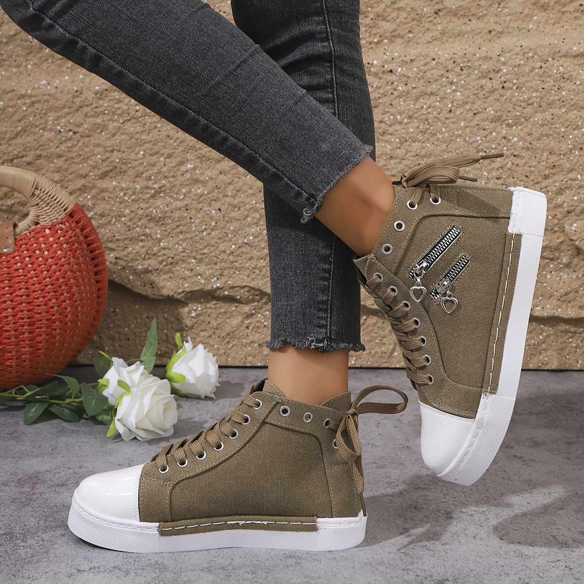 Youth Women Canvas Sneakers with Double Zippers and Laces for Outdoor Activities