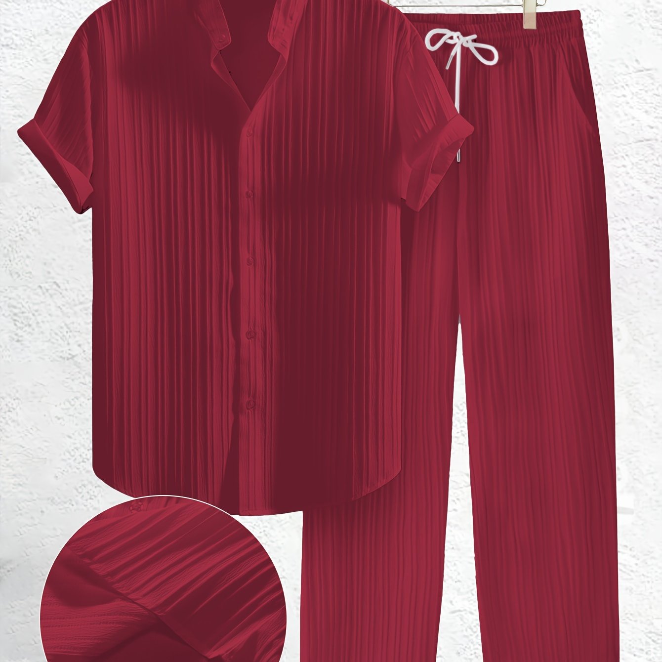 Men's Summer Solid Color Textured Shirt and Pants Set Polyester Casual