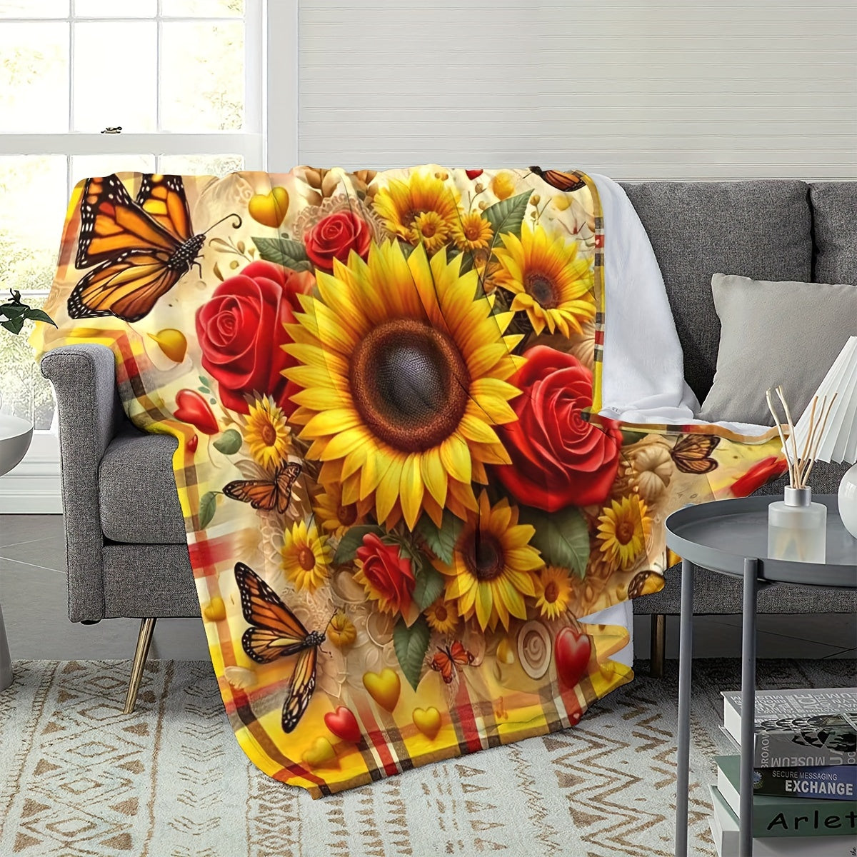 Reversible Sunflower and Butterfly Print Flannel Fleece Throw Blanket for All Seasons