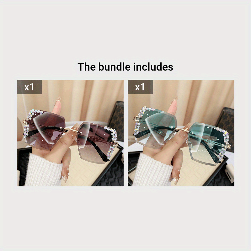 Gafas de sol cuadradas para mujer con marco de metal adornado con rhinestones y detalles de purpurina