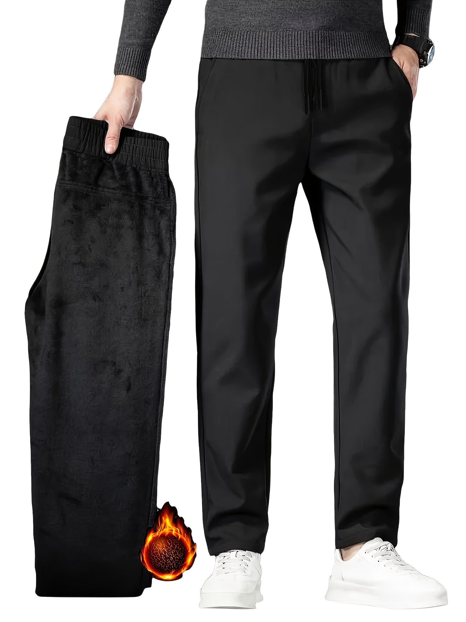 Men's Fleece Lined Windproof Executive Trousers for Fall Winter with Elastic Waist