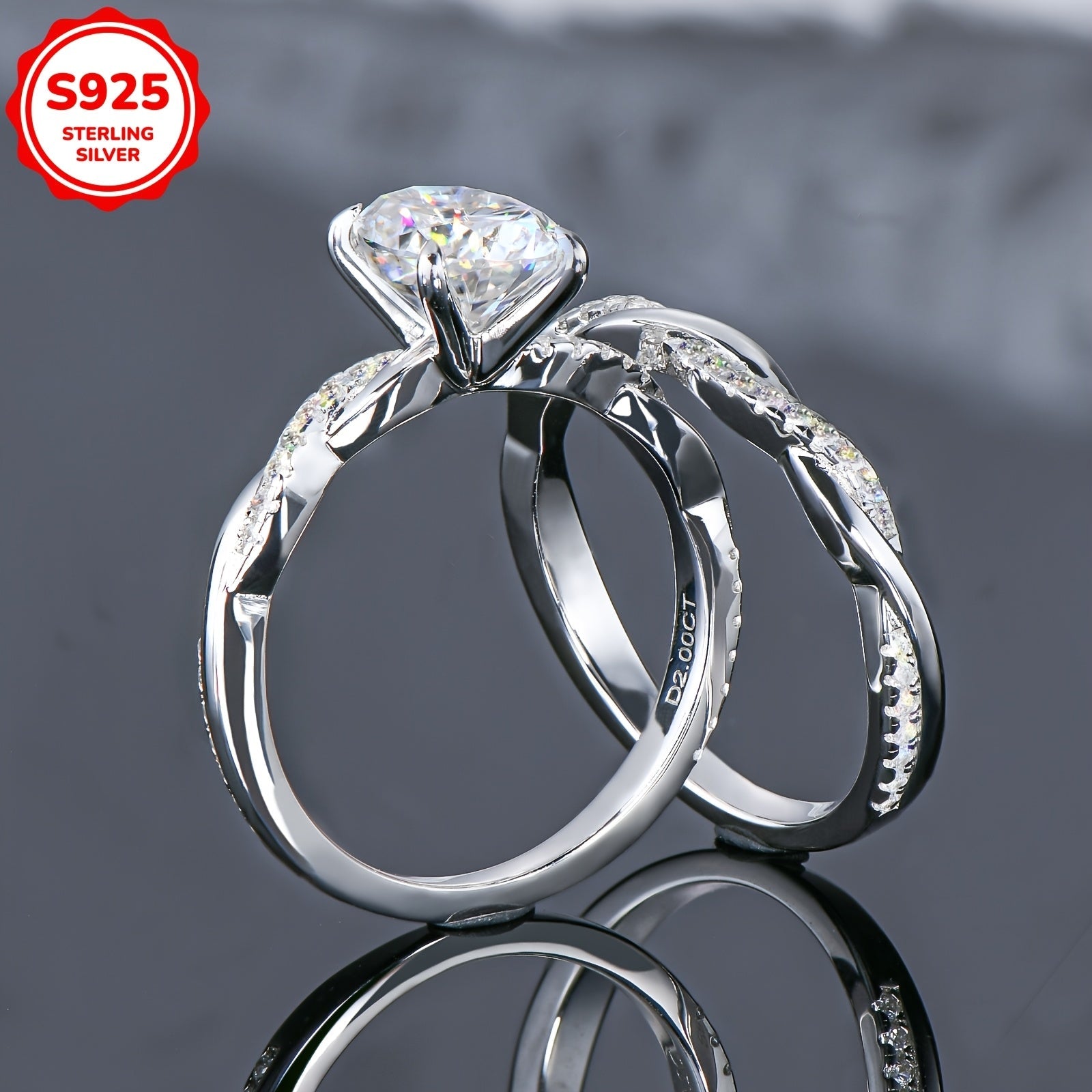 Women's Silver Engagement and Wedding Rings Set with Moissanite Oval 7x9mm 2 Carat