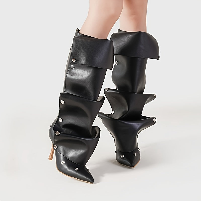 Женские белые двухслойные мотоботы до колена с заостренным носком