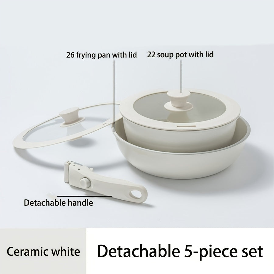 Stackable Cast Iron Cookware Set with Detachable Handles Non-Stick Coating