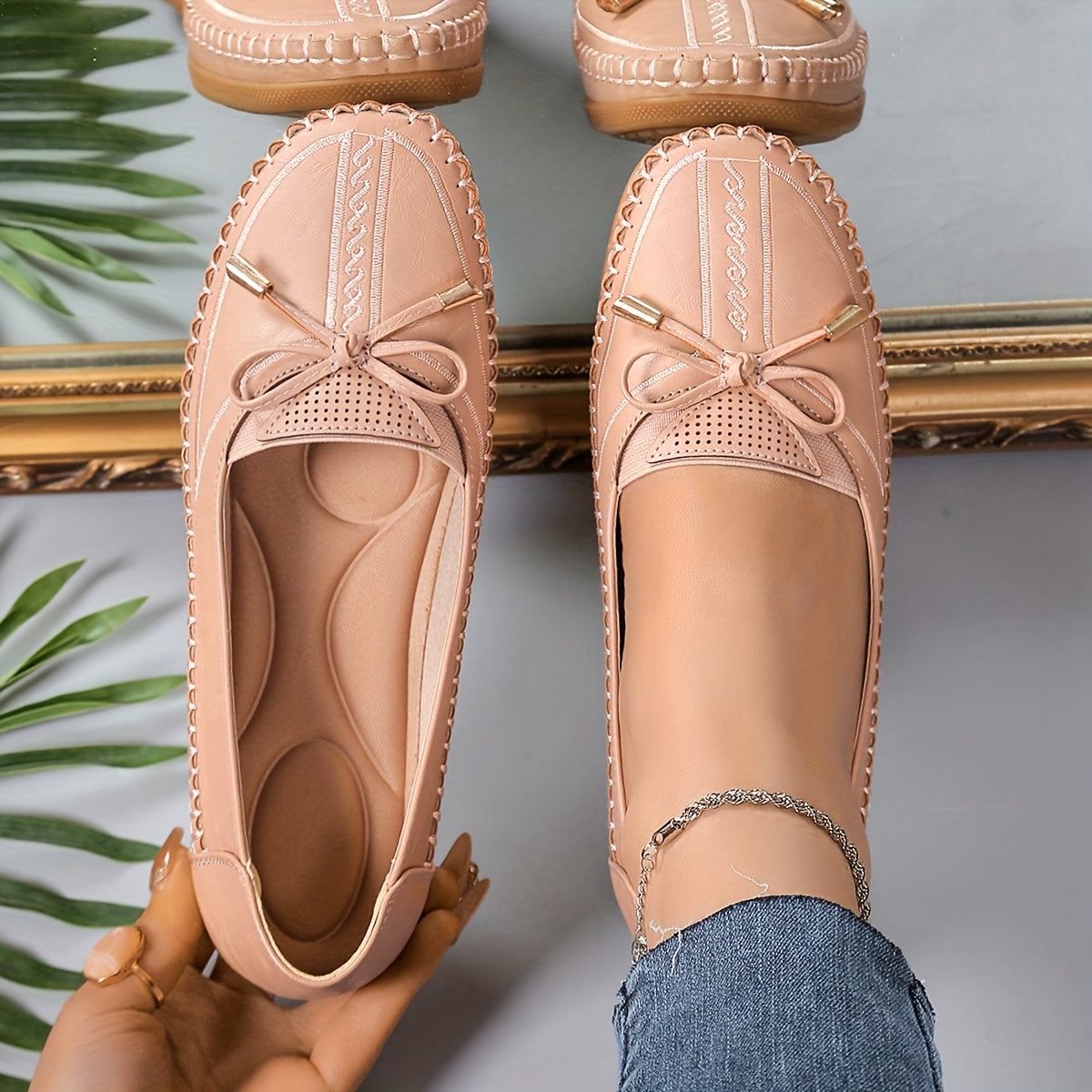 Women's White Faux Leather Slip-On Loafers with Bow Breathable Mesh