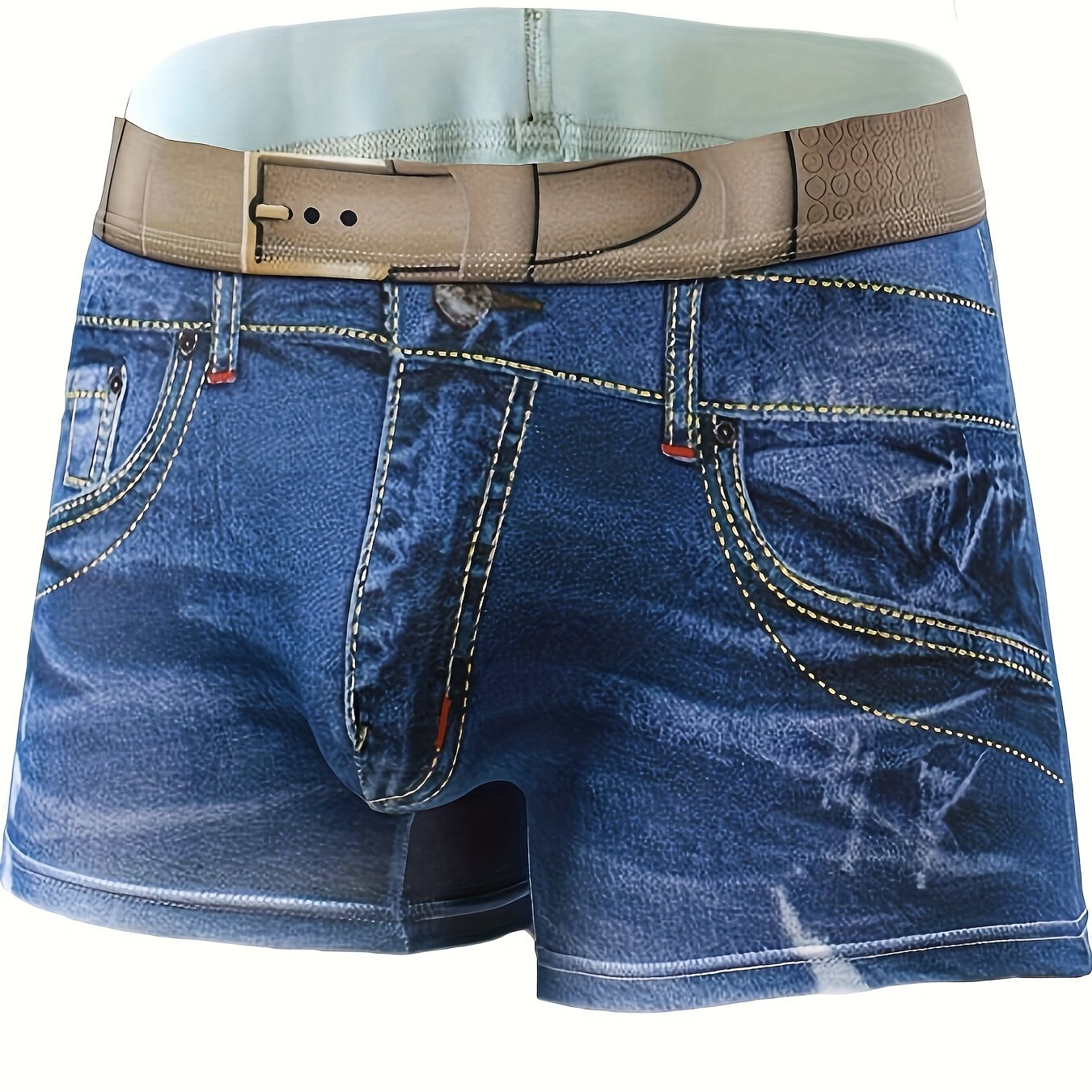 Men's Cotton 3D Denim Boxer Briefs with Belt Print Breathable Stylish Underwear