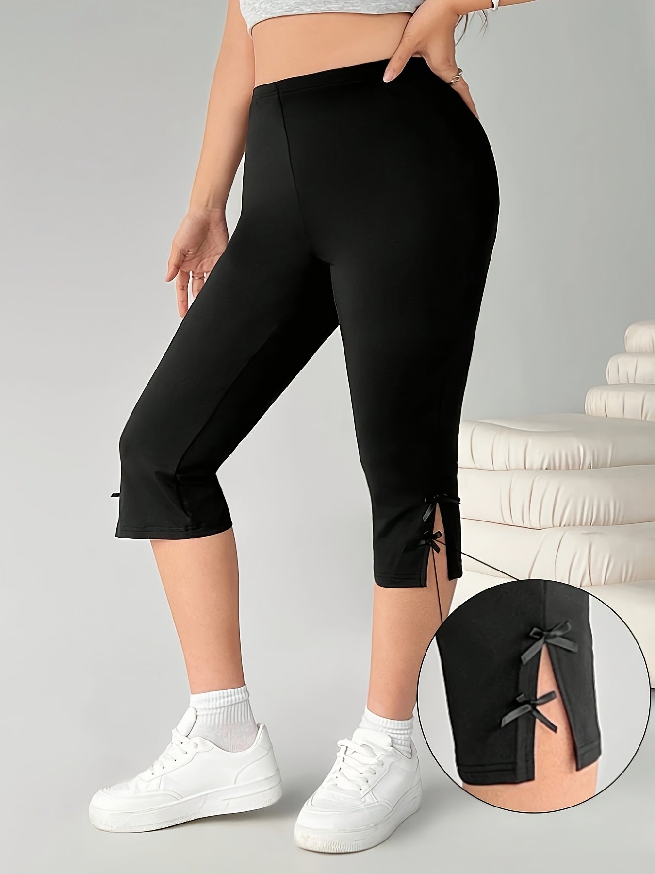 Leggings de mujer de talla plus de capri de cintura alta de 3/4 de longitud beige elásticos