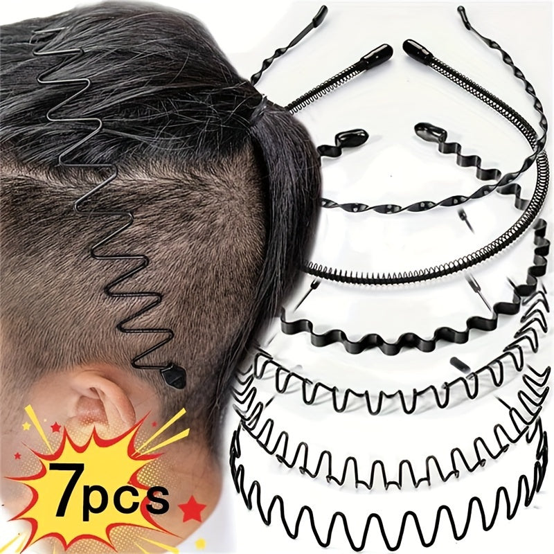 Set of 7 Unisex Black Metal Elastic Non-Slip Hairbands for Fashion and Sports