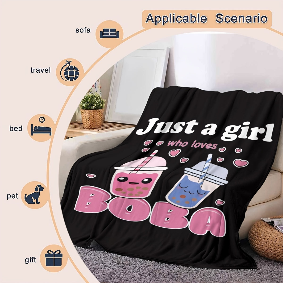 Anime Boba Milk Tea Fleece Blanket for Girls Soft Plush Flannel Bed Chair Throw