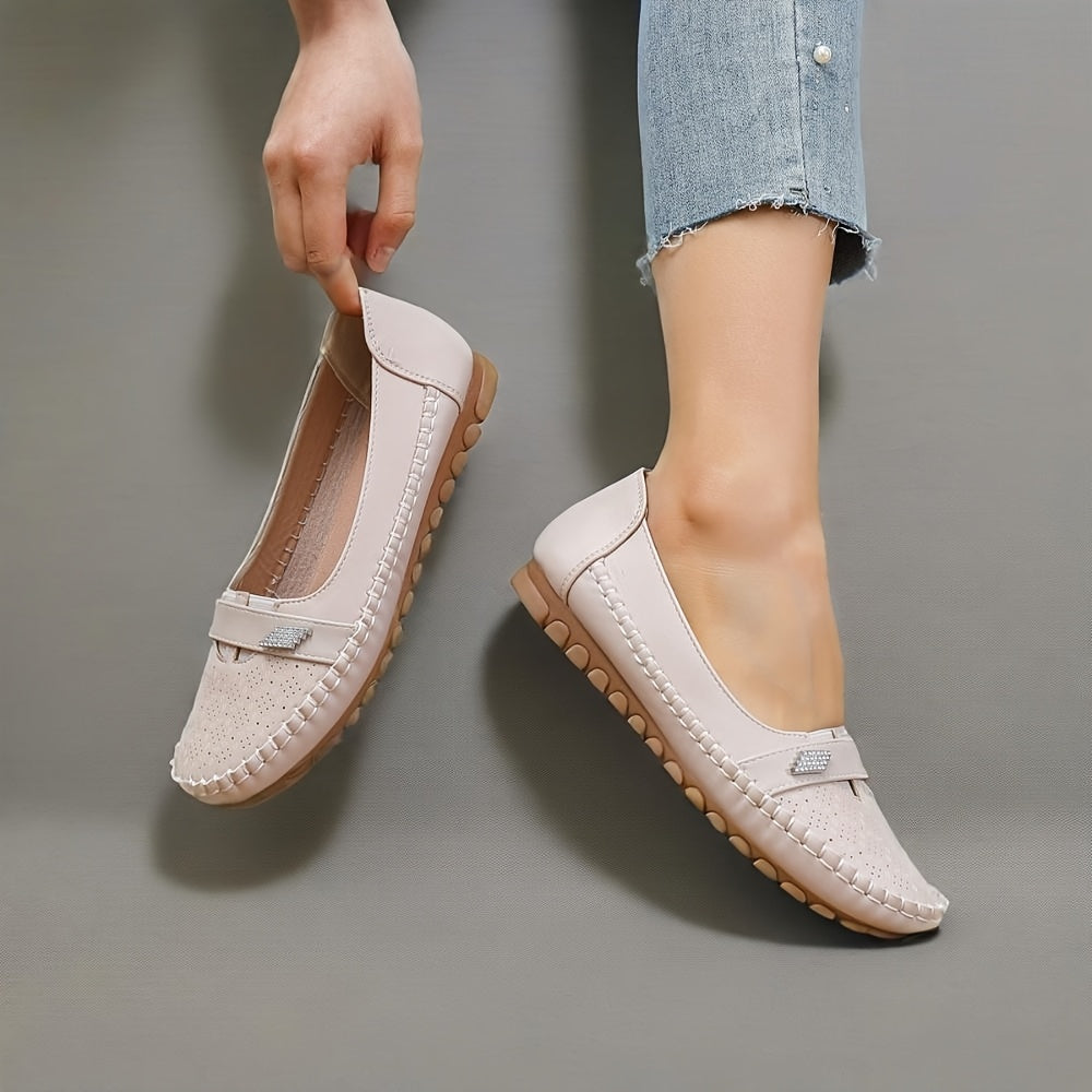 Women's Slip-On Loafers Breathable PU Beige Perforated Comfort Casual Shoes