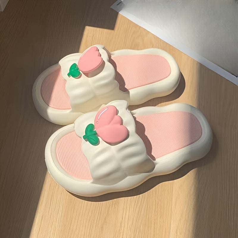 Women's Pink and White Tulip Flower Slides Non-Slip PVC Slippers All-Season Comfort
