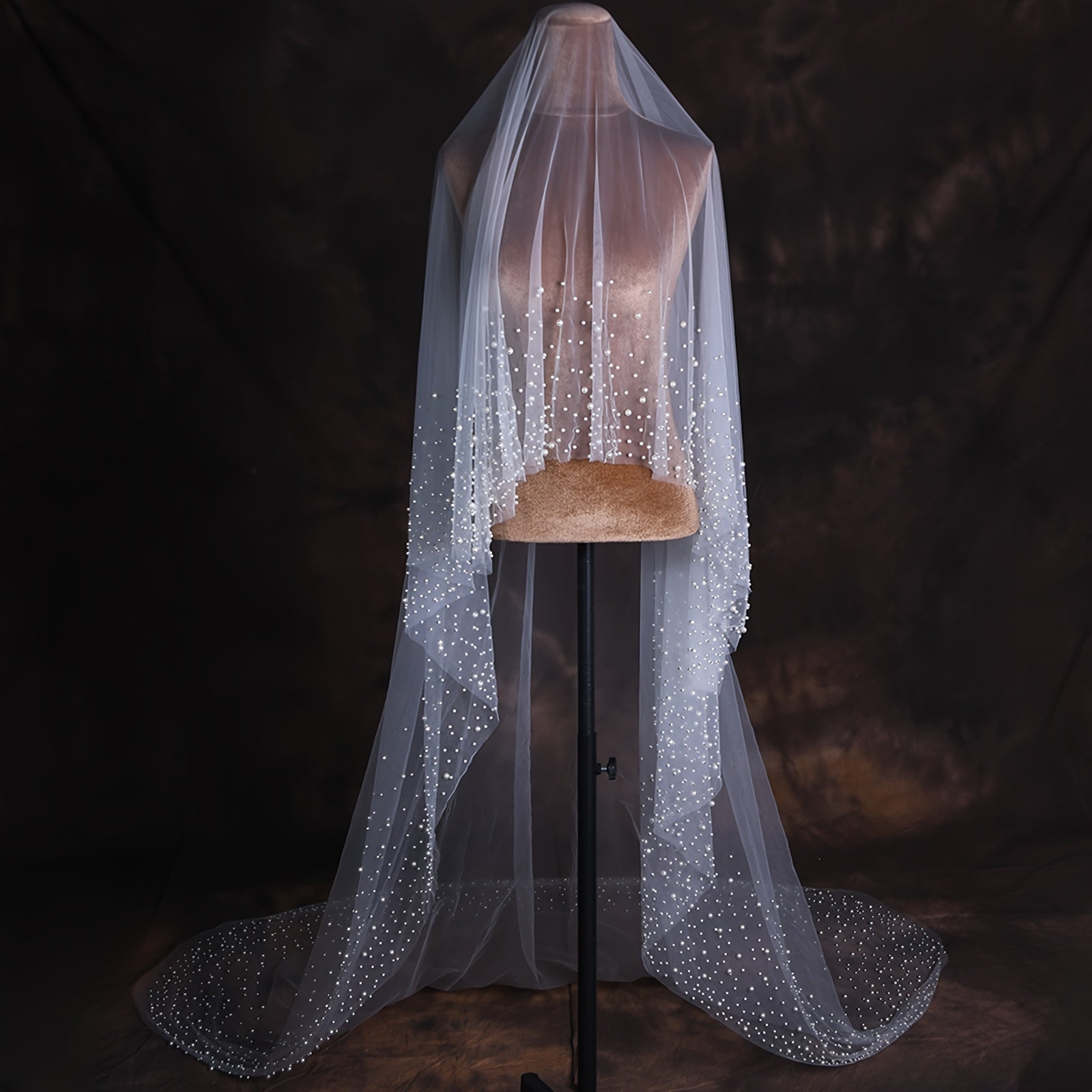 Elegant Bridal Veil with Pearls Nylon Cathedral Length Wedding Accessory