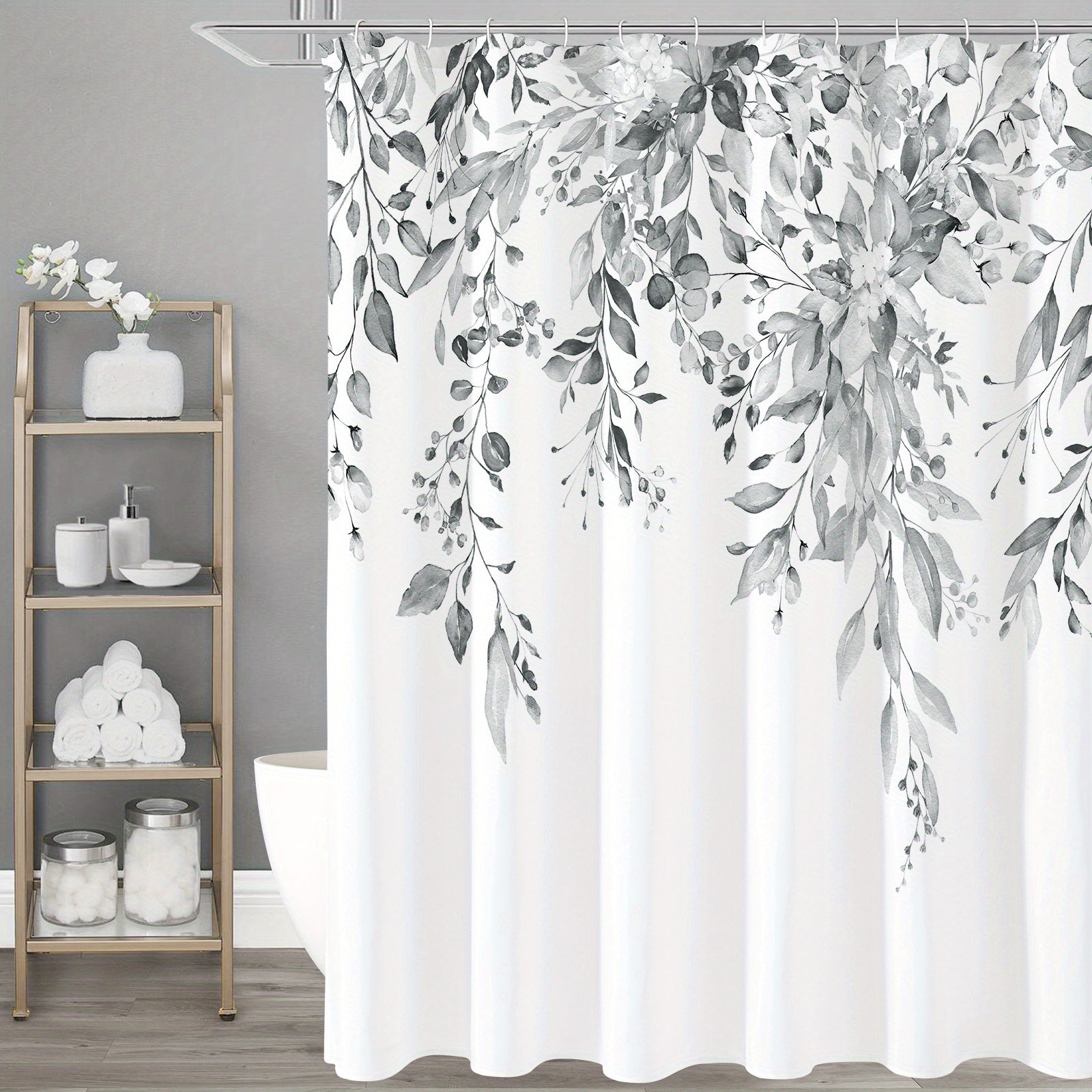 Waterproof Eucalyptus Shower Curtain with Watercolor Plant Leaves Floral Design Includes Hooks
