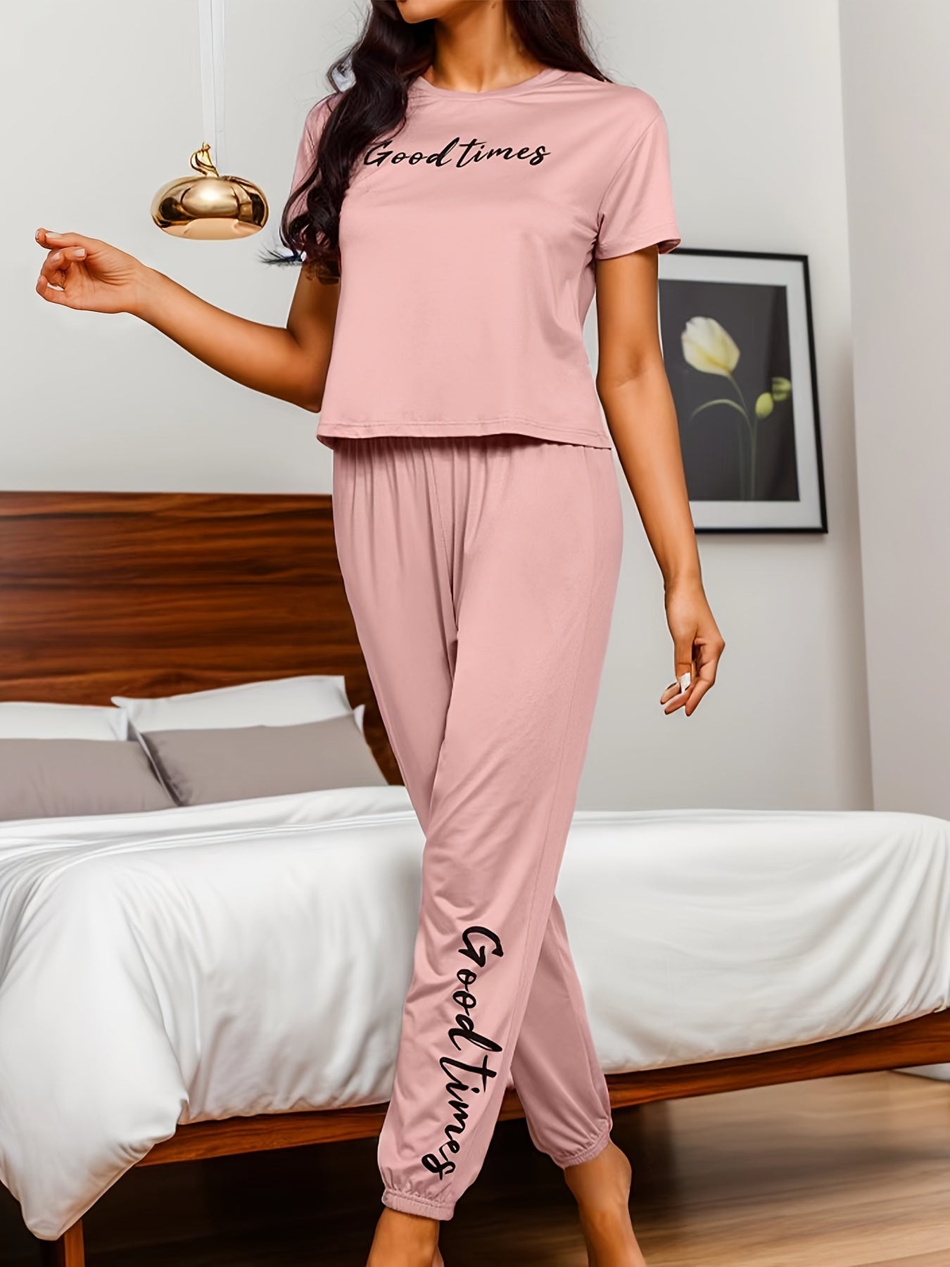 Women's Pajama Set Letter Print Short Sleeve Crew Neck Pants Spring Summer
