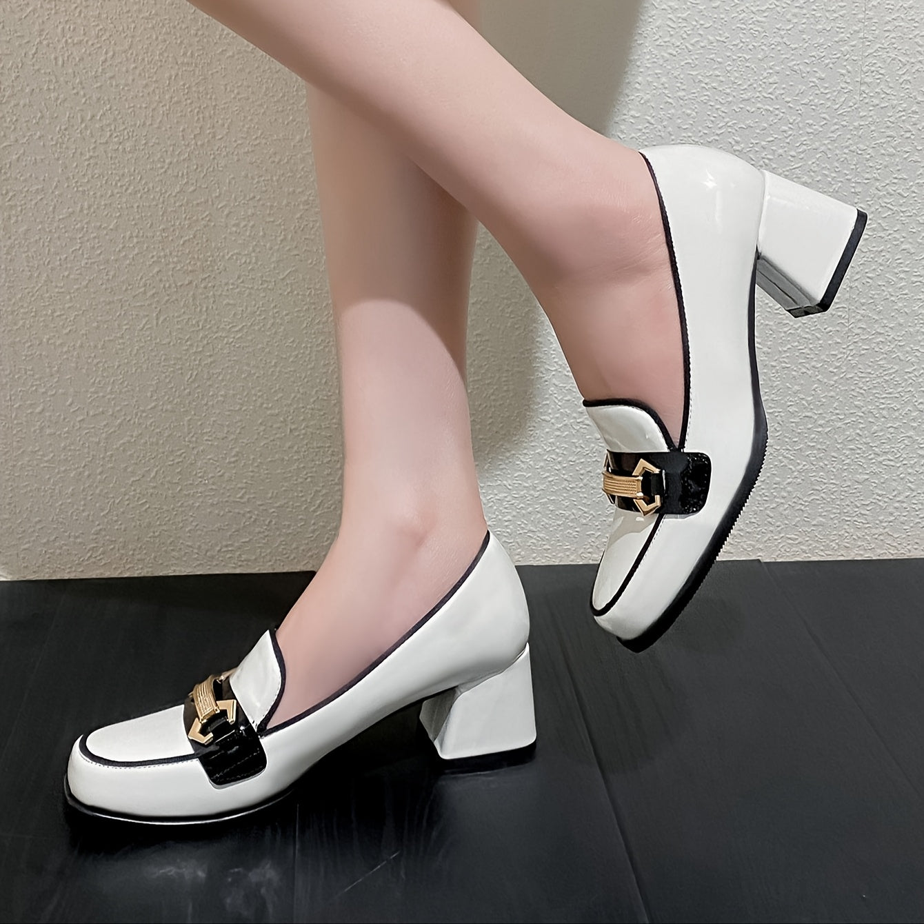 Women's Retro Square Toe High Heels Non-Slip Chunky Pumps PU Cover Rubber Sole