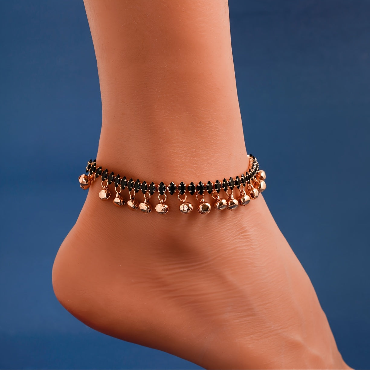 Women's Copper Anklet with Black Glass Marquise and Bell Charms Vintage Style for Daily Wear