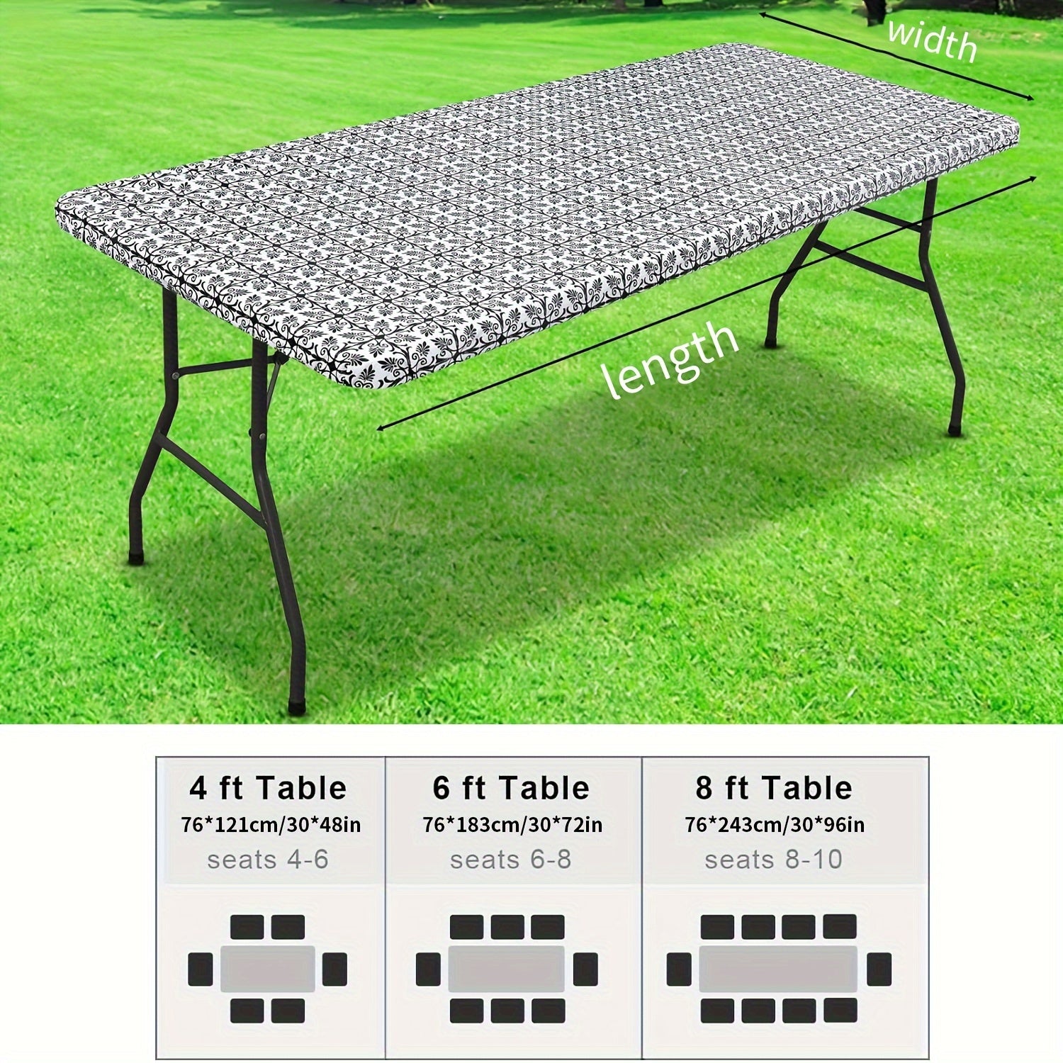 Baroque Style Waterproof Fitted Tablecloth with Elastic Flannel Backing for Outdoor Use