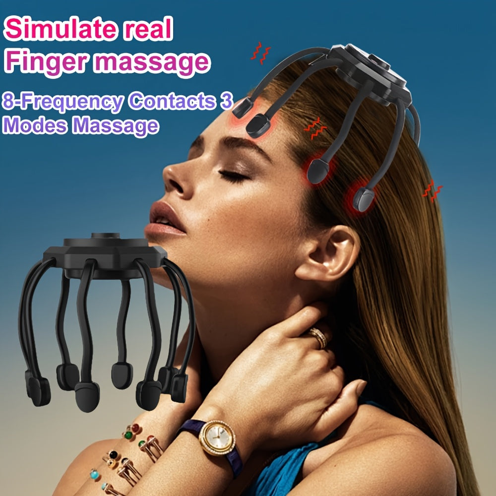 3 rejimli portativ elektr bosh massajeri, 8 yumshoq barmoq bilan 360 daraja bosh massajeri, dam olish va stressni kamaytirish uchun, USB orqali zaryadlanadigan, ajoyib bayram sovg'asi.