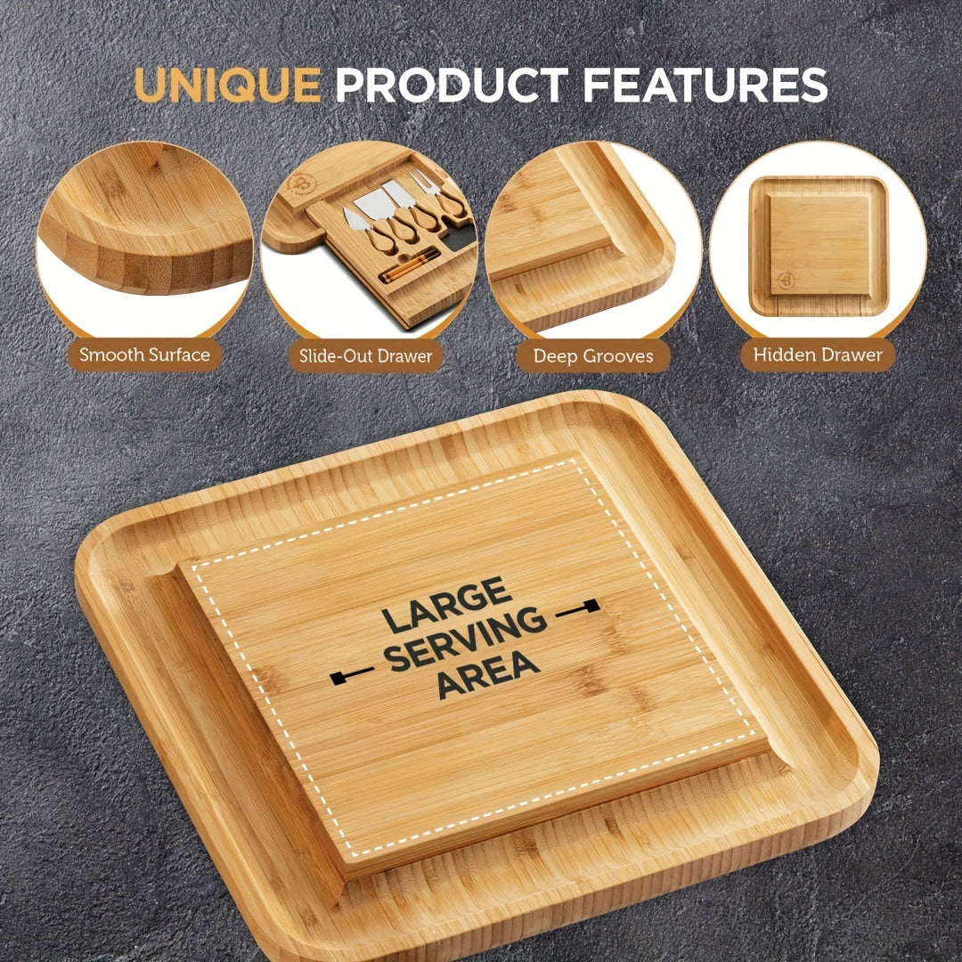 Bamboo Cheese Board Set with Tools, Water-Resistant Serving Tray for Charcuterie and Snacks