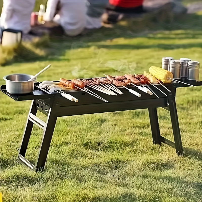 Portativ qora zanglamaydigan po'lat BBQ grill, tashqi yig'ilishlar va tabiatda sayohat uchun yig'iladigan va kichik, olib yurish va o'rnatish oson, chidamli grill qilish bilan teng pishirish.