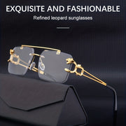 Unisex Rimless Double Bridge Square Metal Glasses with Gold Leopard Temples
