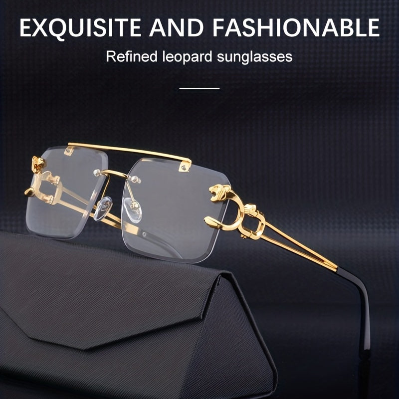 Unisex Rimless Double Bridge Square Metal Glasses with Gold Leopard Temples