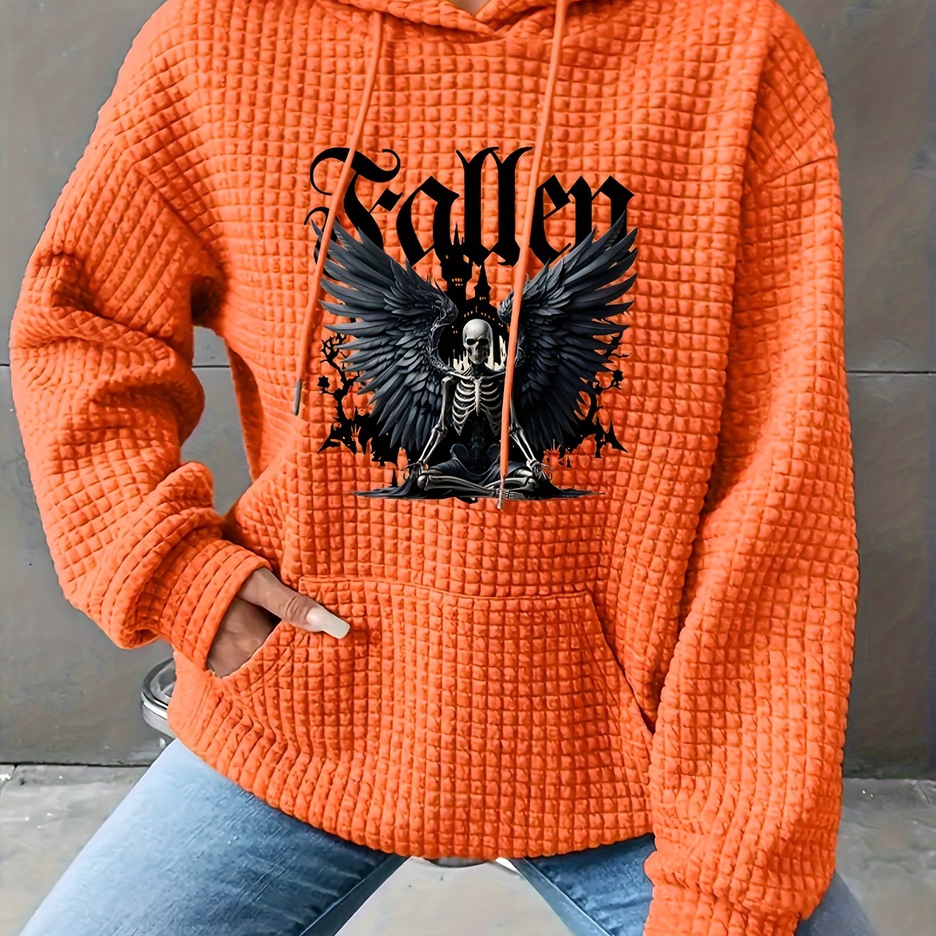 Plus Size Women's Hoodie Black Skull Wings Print Polyester Pullover Fall Winter