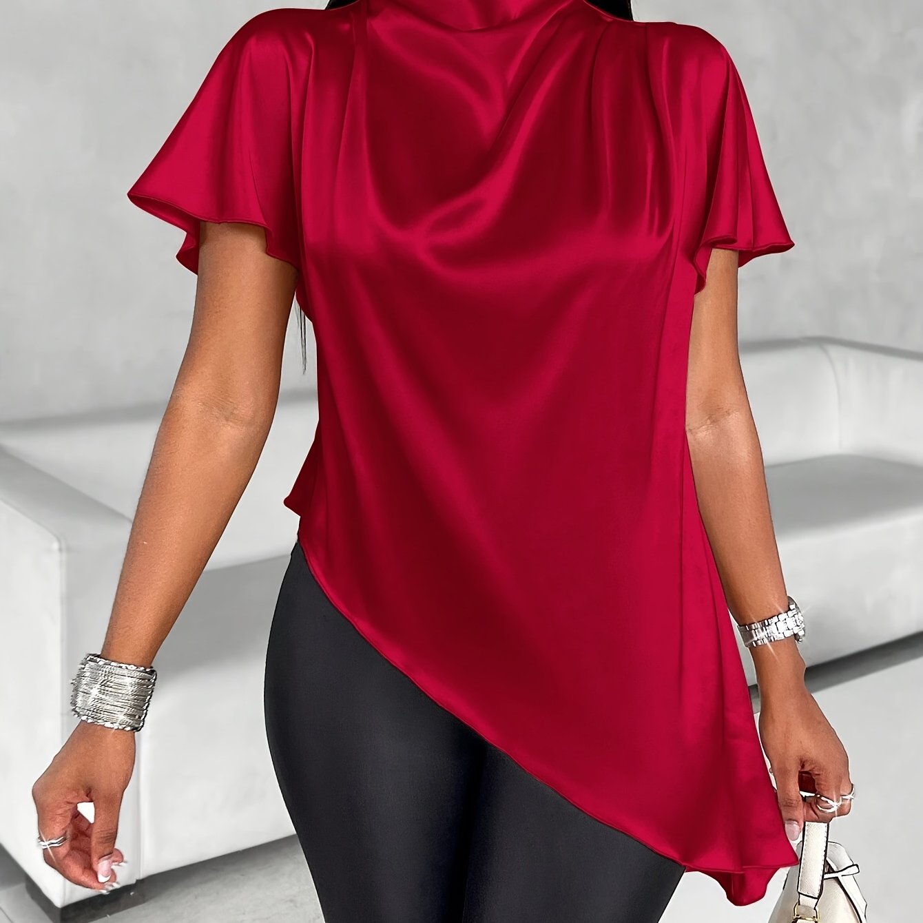 Women's Satin Blouse with Batwing Sleeves, Asymmetrical Hem, Solid Color