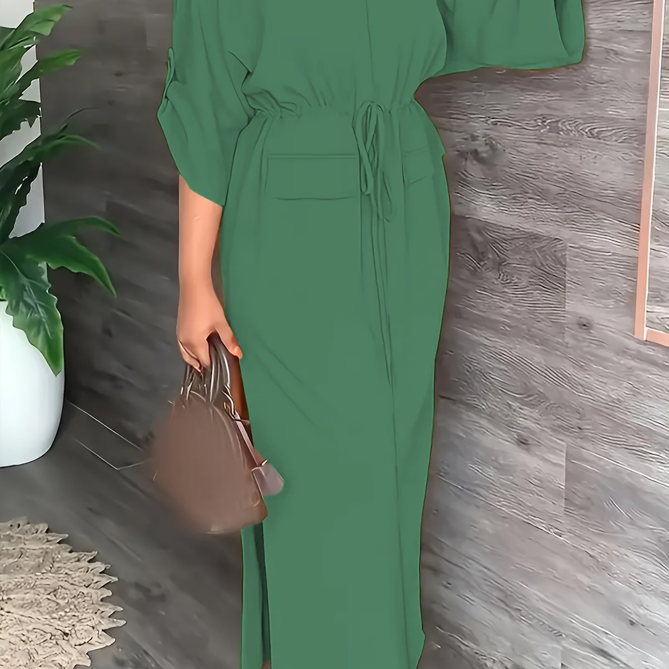 Women's Elegant Plain Color Split Dress with Pull-String Detail