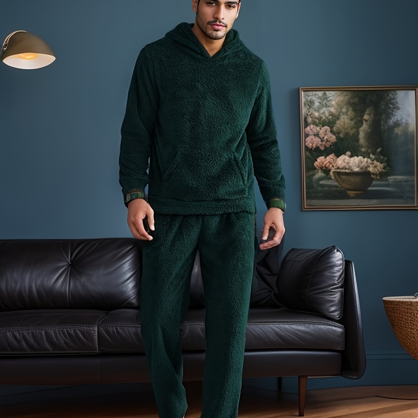 Men's Plush Fleece Hooded Pajama Set with Pockets for Winter Sleepwear