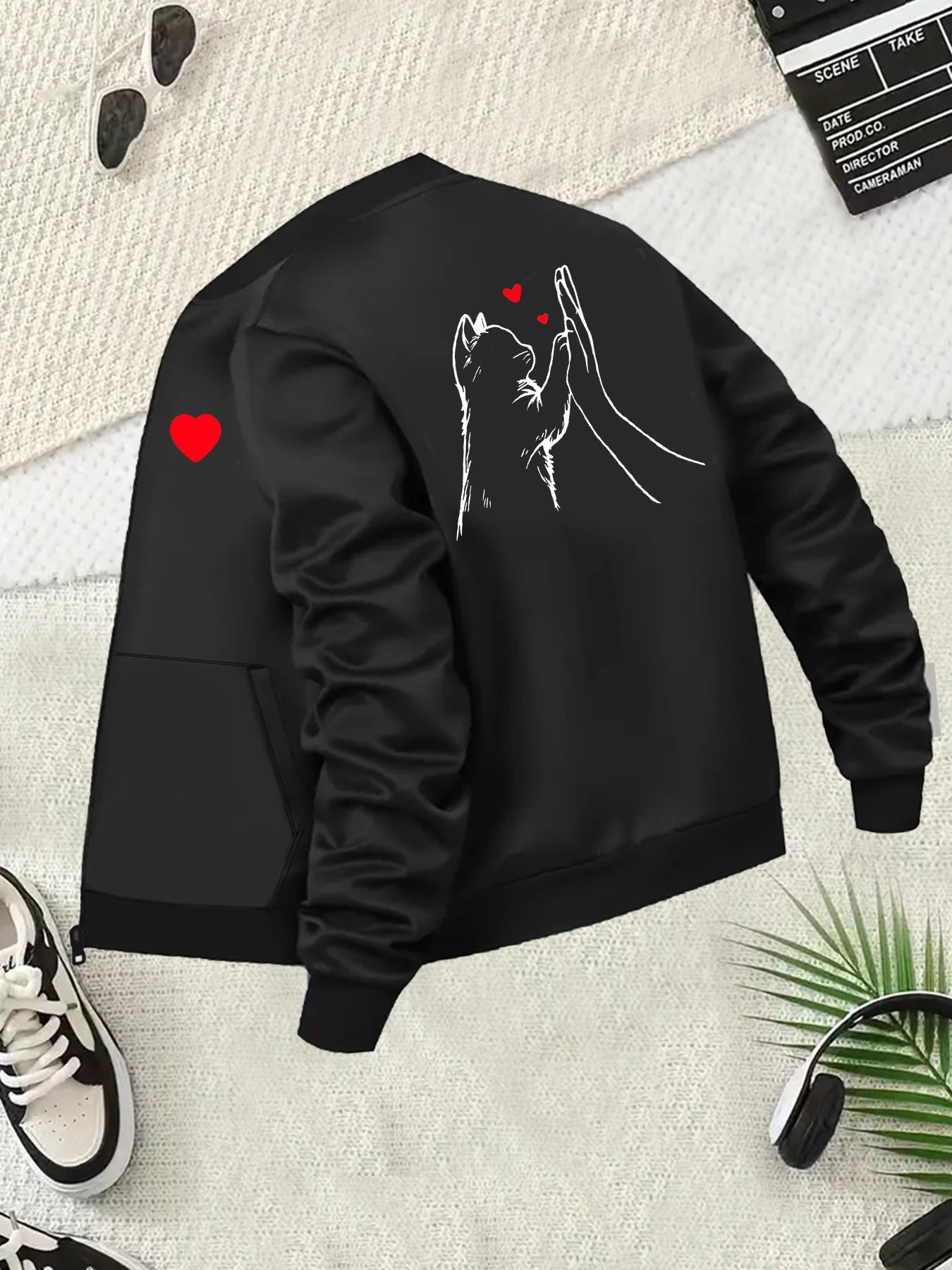Women's Plus Size Black Zipper Jacket with White Line Art Hands and Red Heart