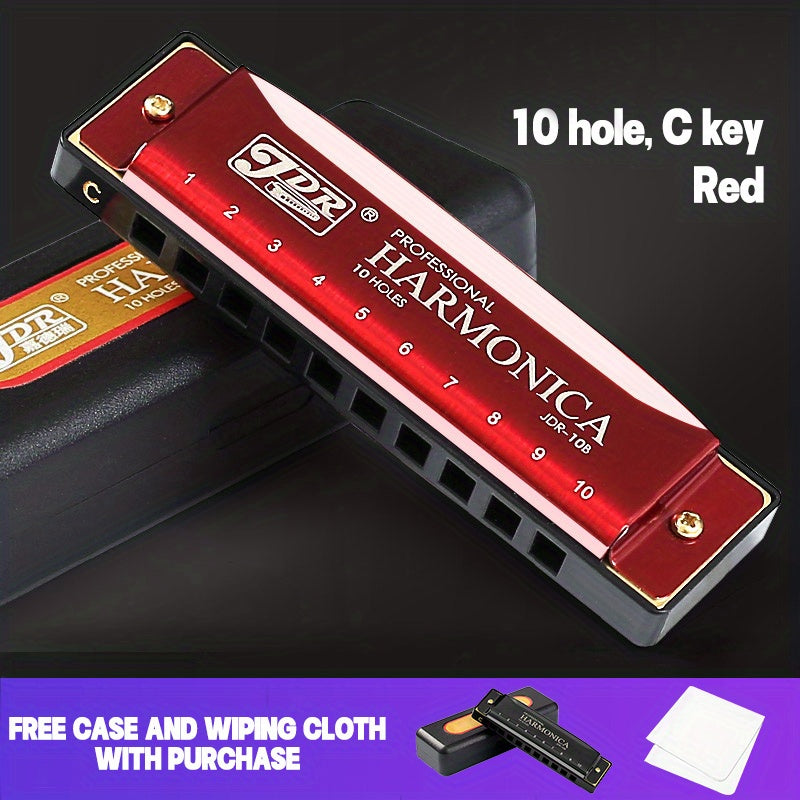 10-Hole C Key Blues Harmonica with Hard Case Stainless Steel Polished for Beginners Professionals