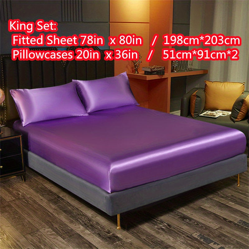 Satin Bedding Set 3 Pieces Fitted Sheet and Pillowcases Solid Color