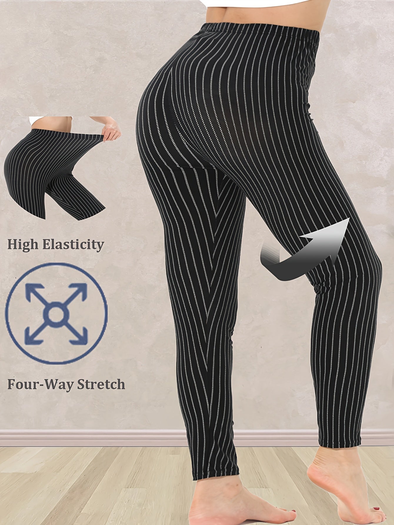 Women's Plus Size Striped Skinny Leggings High Waist Breathable Stretch