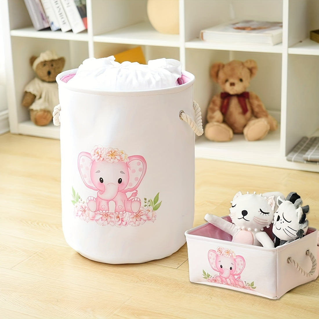 Pink Elephant Laundry Hamper and Storage Bins Foldable Textile Nursery Playroom