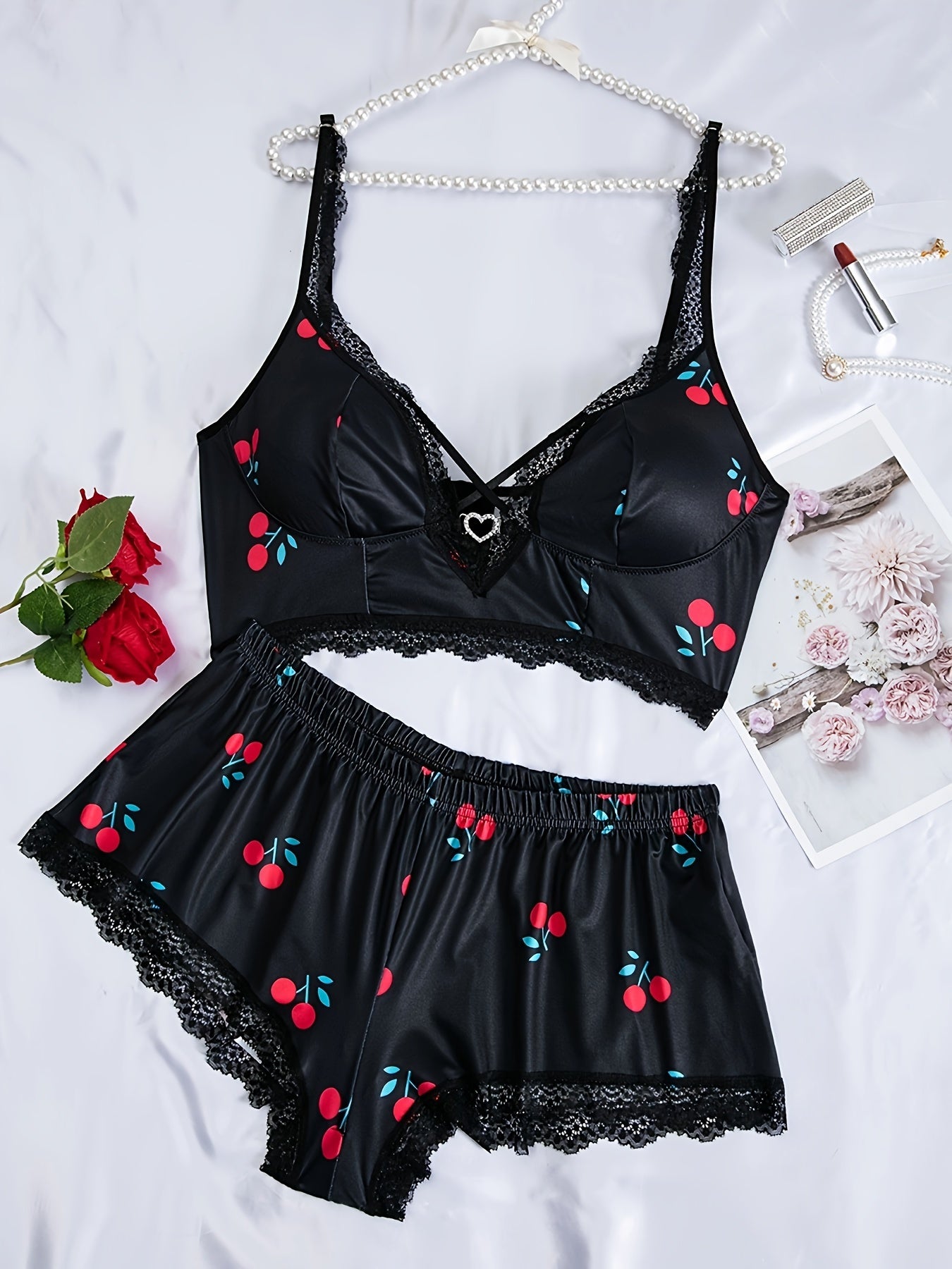 Plus Size Lace Lingerie Set Floral Print Boxer Briefs and Camisole